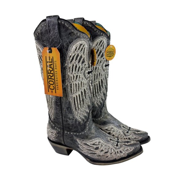 Corral Black Cross & Wings Overlay & Studs Western Boots Womens 7.5 M A4232 NEW - Picture 1 of 11